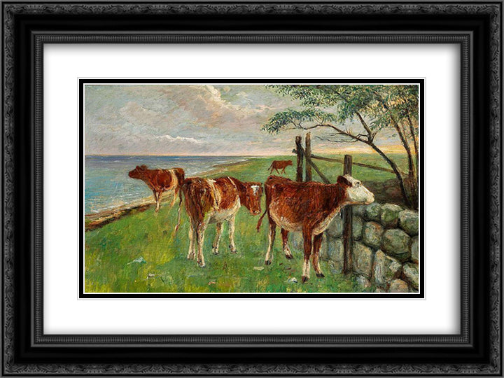 Cattle near a gate, Saltholm 24x18 Black Ornate Wood Framed Art Print Poster with Double Matting by Philipsen, Theodor