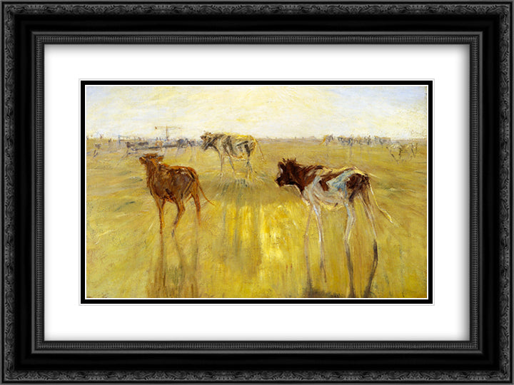 Cattle Seen Against the Sun on the Island of Saltholm. A Color Study 24x18 Black Ornate Wood Framed Art Print Poster with Double Matting by Philipsen, Theodor