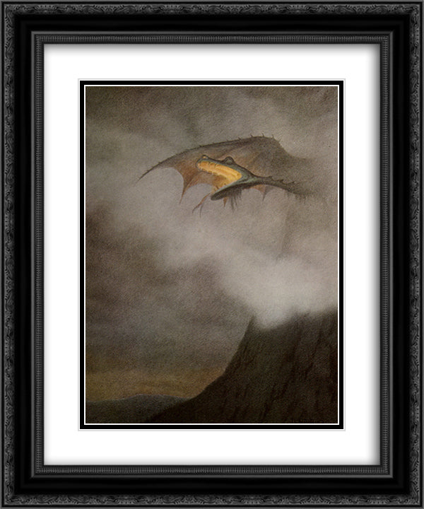 Dragon Awakens 20x24 Black Ornate Wood Framed Art Print Poster with Double Matting by Kittelsen, Theodor Severin