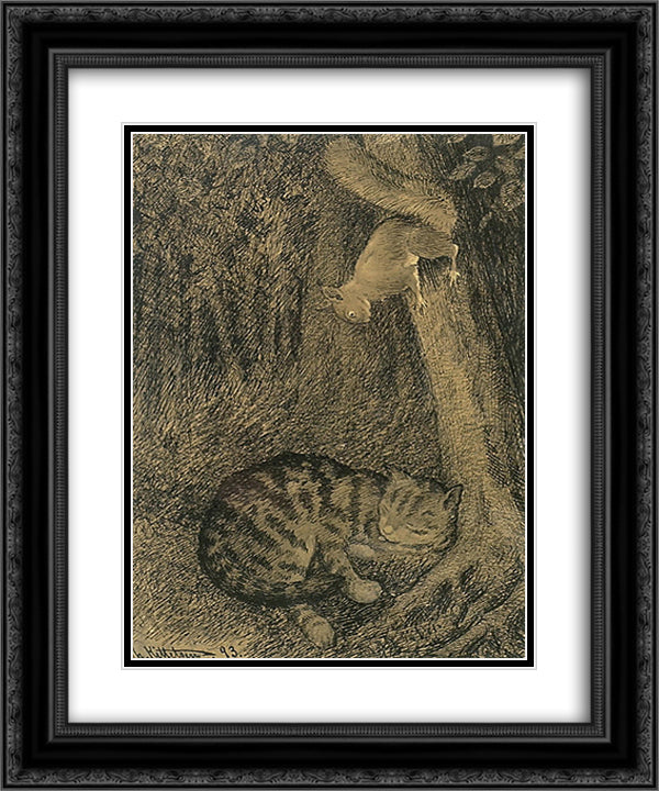 Katt Og Ekorn 20x24 Black Ornate Wood Framed Art Print Poster with Double Matting by Kittelsen, Theodor Severin