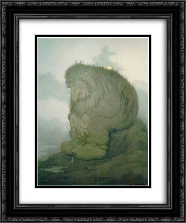 Troll wonders how old he is - Trollet som grunner pa hvor gammelt det er, 20x24 Black Ornate Wood Framed Art Print Poster with Double Matting by Kittelsen, Theodor Severin
