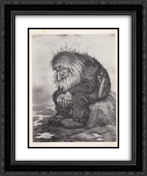 Troll wonders how old he is - Trollet som grunner pa hvor gammelt det er 20x24 Black Ornate Wood Framed Art Print Poster with Double Matting by Kittelsen, Theodor Severin