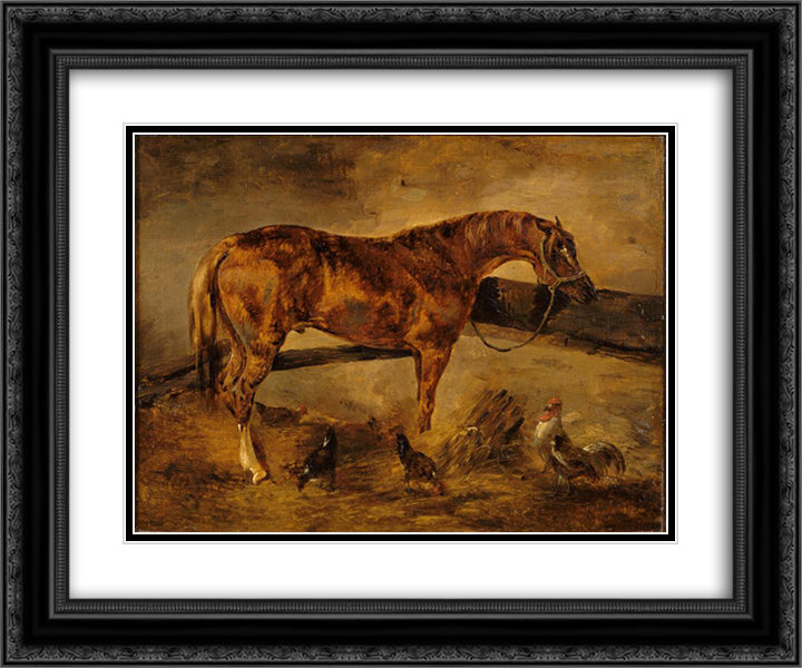 Study for Horse turned right with three hens and a rooster 24x20 Black Ornate Wood Framed Art Print Poster with Double Matting by Gericault, Theodore