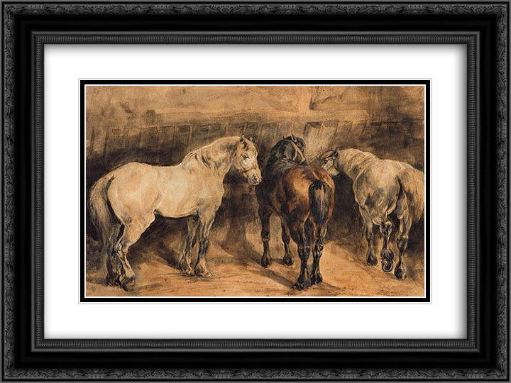 Three horses in their stable 24x18 Black Ornate Wood Framed Art Print Poster with Double Matting by Gericault, Theodore