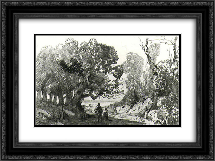A path in the forest 24x18 Black Ornate Wood Framed Art Print Poster with Double Matting by Rousseau, Theodore