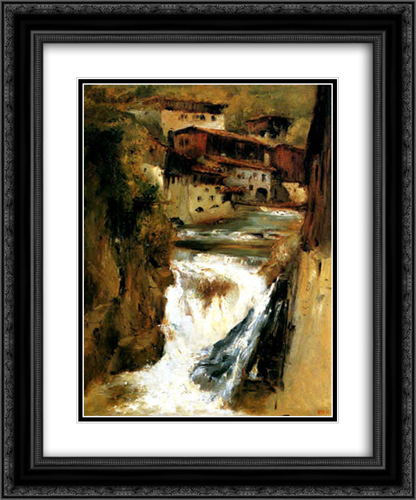 A waterfall in Thiers 20x24 Black Ornate Wood Framed Art Print Poster with Double Matting by Rousseau, Theodore