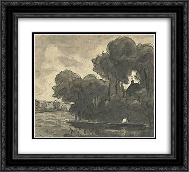 Boat on a river lined with trees 22x20 Black Ornate Wood Framed Art Print Poster with Double Matting by Rousseau, Theodore