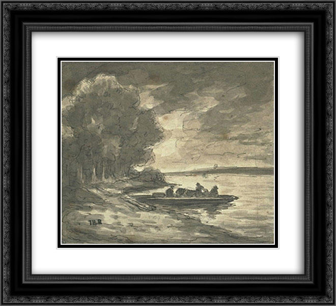 Boat near a shore lined with trees 22x20 Black Ornate Wood Framed Art Print Poster with Double Matting by Rousseau, Theodore