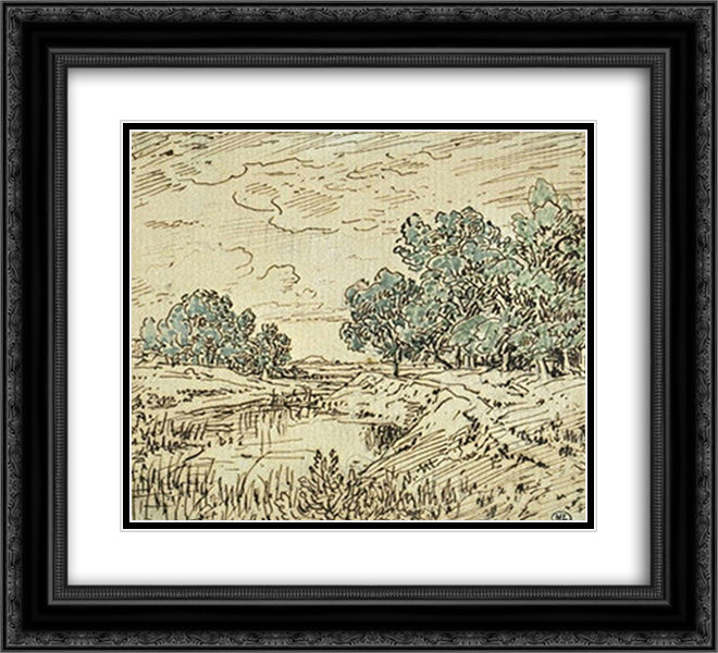 Clumps of trees along a river 22x20 Black Ornate Wood Framed Art Print Poster with Double Matting by Rousseau, Theodore