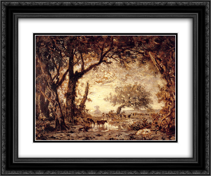 Edge of the Forest at Fontainebleau, Setting Sun 24x20 Black Ornate Wood Framed Art Print Poster with Double Matting by Rousseau, Theodore