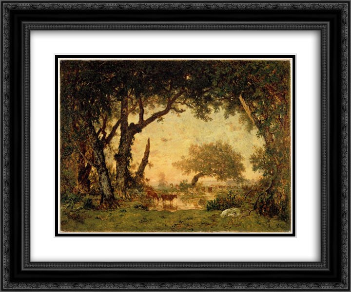 Exit drill Fontainebleau, sunset 24x20 Black Ornate Wood Framed Art Print Poster with Double Matting by Rousseau, Theodore