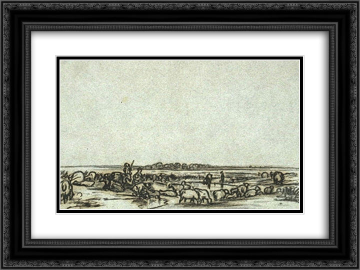 Flock of sheep in a pasture 24x18 Black Ornate Wood Framed Art Print Poster with Double Matting by Rousseau, Theodore