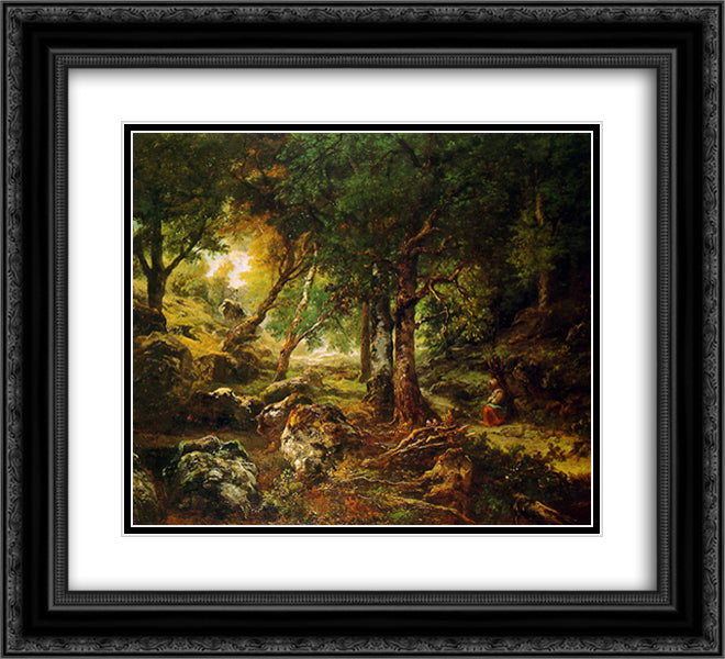 Forest landscape Sun 22x20 Black Ornate Wood Framed Art Print Poster with Double Matting by Rousseau, Theodore