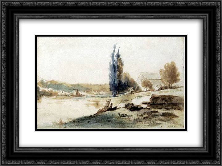 House near a pond in Auvergne 24x18 Black Ornate Wood Framed Art Print Poster with Double Matting by Rousseau, Theodore