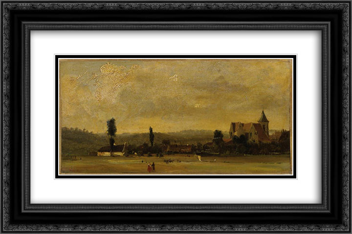 Landscape with a church 24x16 Black Ornate Wood Framed Art Print Poster with Double Matting by Rousseau, Theodore