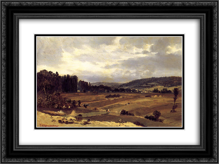 Landscape with Farmland 24x18 Black Ornate Wood Framed Art Print Poster with Double Matting by Rousseau, Theodore