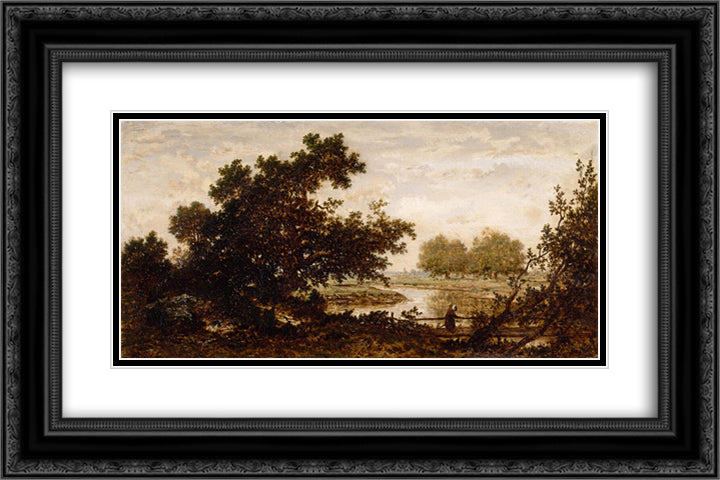 Meadows crossed by a river 24x16 Black Ornate Wood Framed Art Print Poster with Double Matting by Rousseau, Theodore