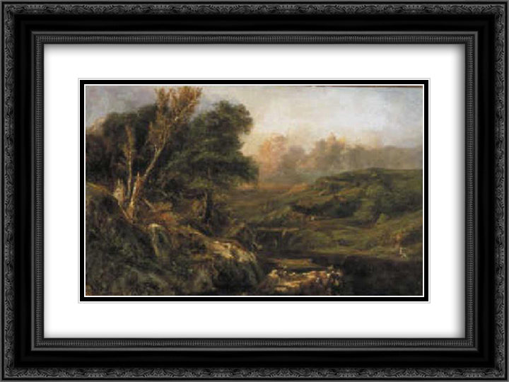 Mountain Landscape with fisherman 24x18 Black Ornate Wood Framed Art Print Poster with Double Matting by Rousseau, Theodore