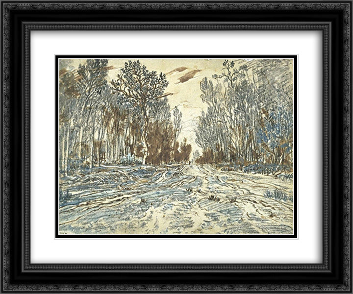 Snowy path through a wood in the forest of Fontainebleau 24x20 Black Ornate Wood Framed Art Print Poster with Double Matting by Rousseau, Theodore