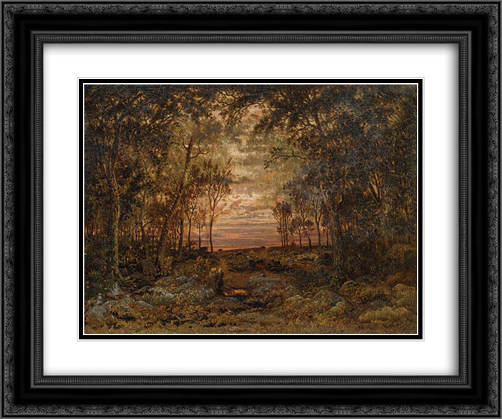 Sunset in the forest 24x20 Black Ornate Wood Framed Art Print Poster with Double Matting by Rousseau, Theodore