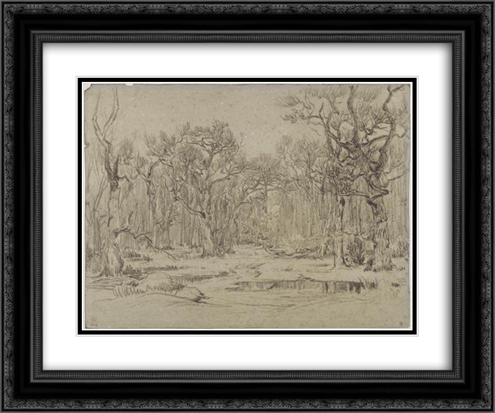 The Forest in Winter 24x20 Black Ornate Wood Framed Art Print Poster with Double Matting by Rousseau, Theodore