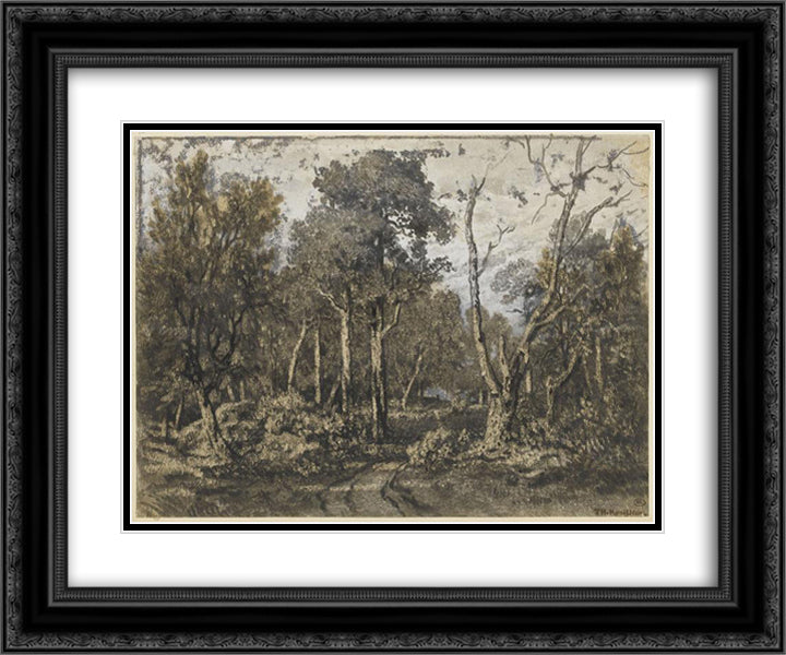 The oak tree crashed into the forest of Fontainebleau 24x20 Black Ornate Wood Framed Art Print Poster with Double Matting by Rousseau, Theodore