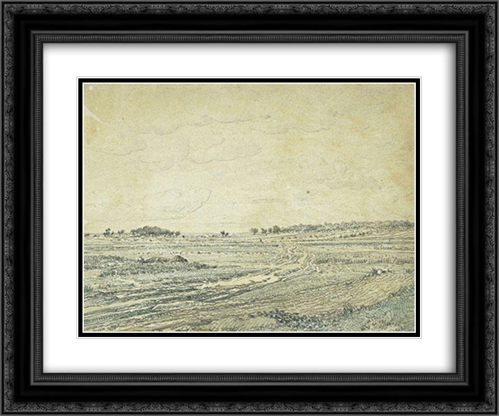 The plain of Barbizon 24x20 Black Ornate Wood Framed Art Print Poster with Double Matting by Rousseau, Theodore