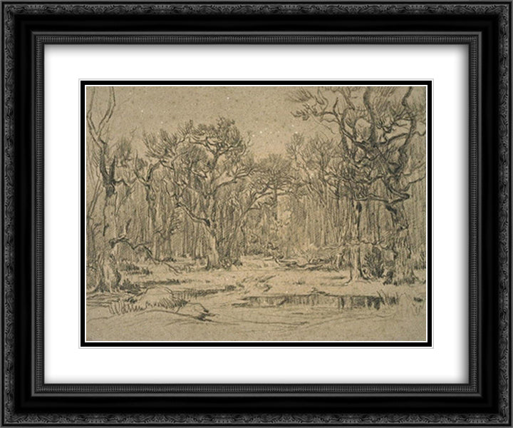 The Forest in Winter 24x20 Black Ornate Wood Framed Art Print Poster with Double Matting by Rousseau, Theodore