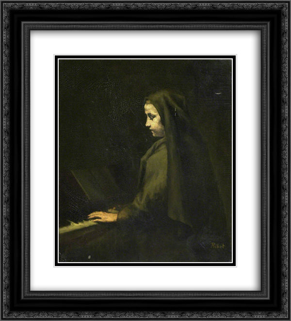 A Woman at the Piano 20x22 Black Ornate Wood Framed Art Print Poster with Double Matting by Ribot, Theodule