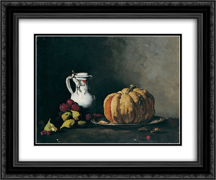 Still Life with Pumpkin, Plums, Cherries, Figs and Jug 24x20 Black Ornate Wood Framed Art Print Poster with Double Matting by Ribot, Theodule