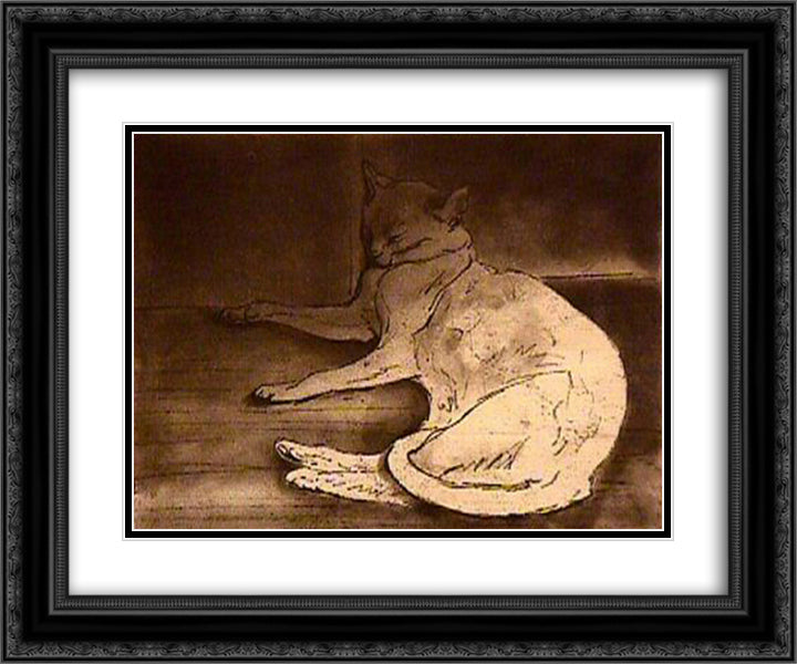 Cat etching 24x20 Black Ornate Wood Framed Art Print Poster with Double Matting by Steinlen, Theophile