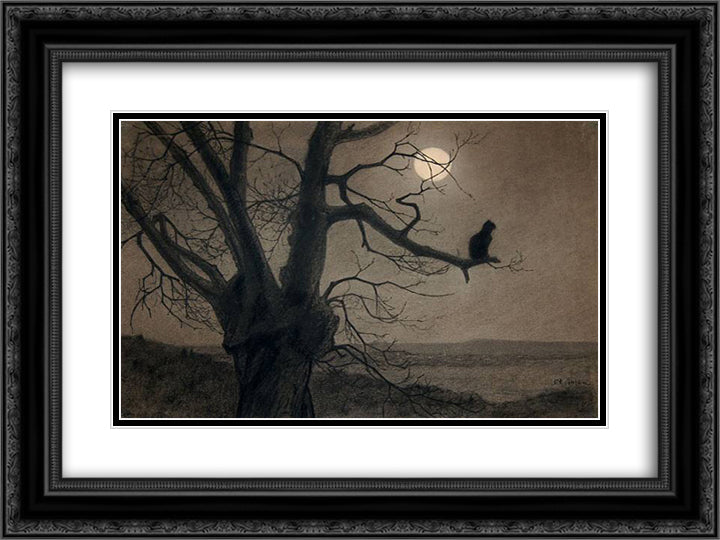 Cat in the moonlight 24x18 Black Ornate Wood Framed Art Print Poster with Double Matting by Steinlen, Theophile