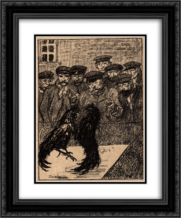Combat de Coqs 20x24 Black Ornate Wood Framed Art Print Poster with Double Matting by Steinlen, Theophile