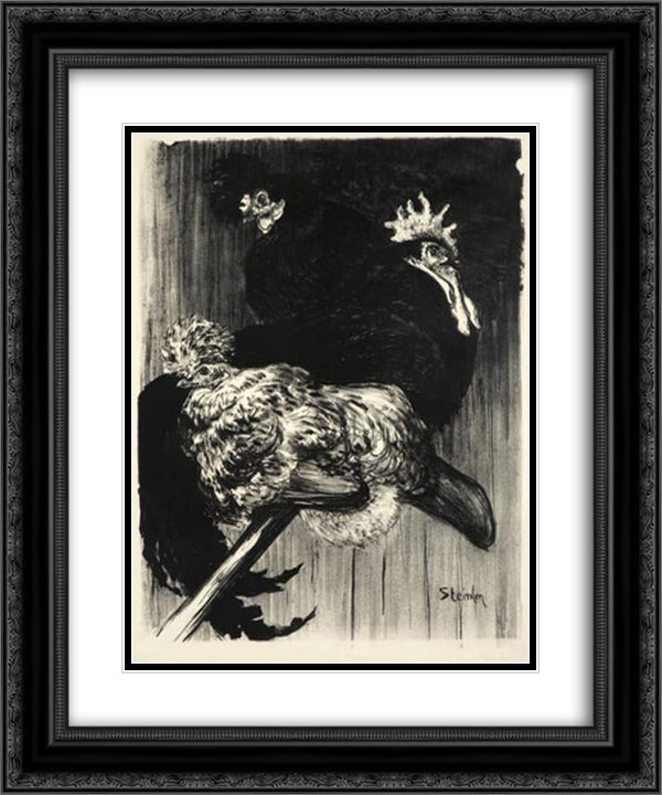 Coq et Poules 20x24 Black Ornate Wood Framed Art Print Poster with Double Matting by Steinlen, Theophile