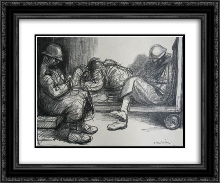 En Attendant Le Depart 24x20 Black Ornate Wood Framed Art Print Poster with Double Matting by Steinlen, Theophile