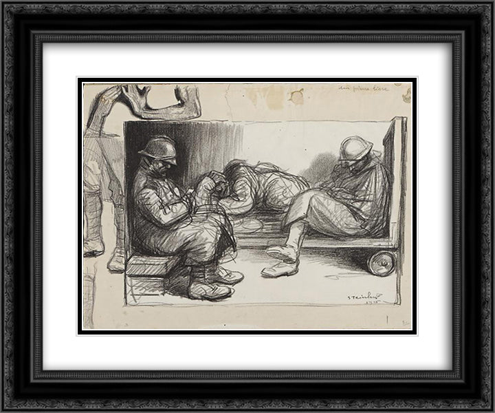 Entre Deux Trains - Original drawing 24x20 Black Ornate Wood Framed Art Print Poster with Double Matting by Steinlen, Theophile