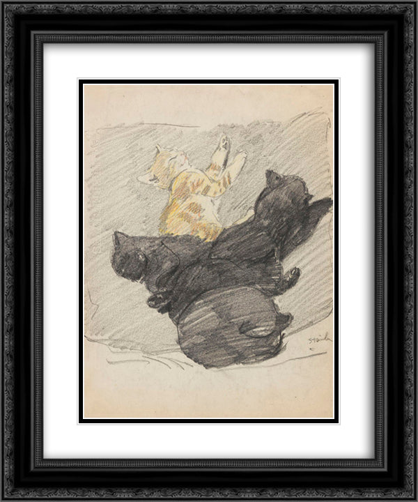 Five sleeping cats 20x24 Black Ornate Wood Framed Art Print Poster with Double Matting by Steinlen, Theophile