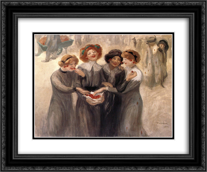 Four Women with a Basket of Cherries 24x20 Black Ornate Wood Framed Art Print Poster with Double Matting by Steinlen, Theophile