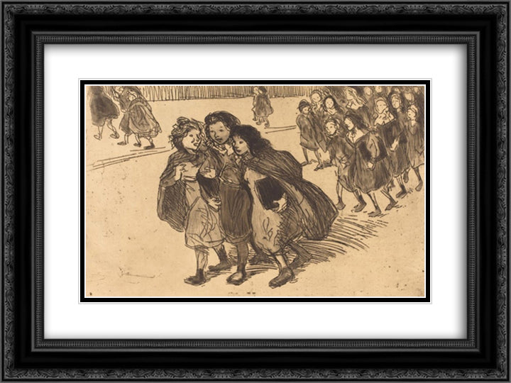 Gamines Sortant de L'Ecole 24x18 Black Ornate Wood Framed Art Print Poster with Double Matting by Steinlen, Theophile