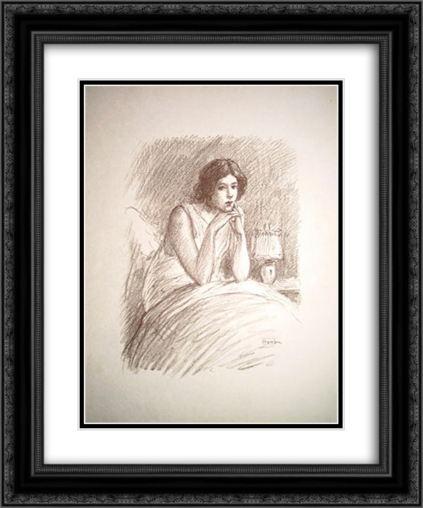 Girl in a big bed 20x24 Black Ornate Wood Framed Art Print Poster with Double Matting by Steinlen, Theophile