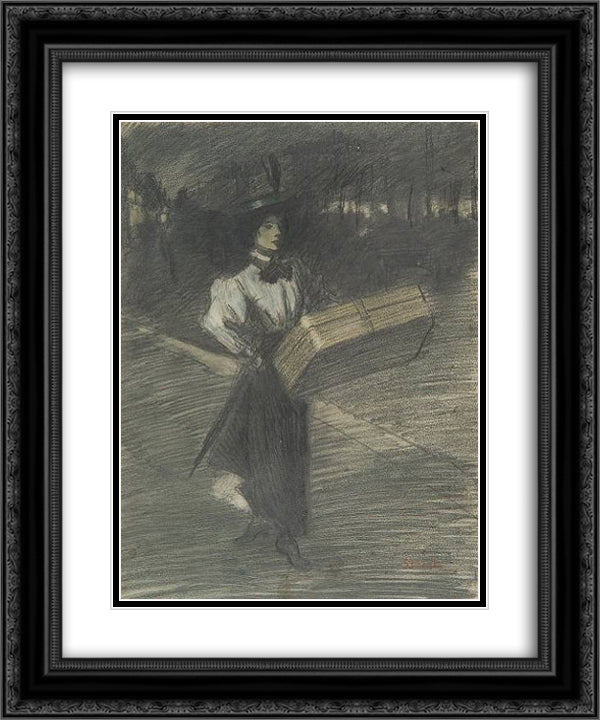 Girl with case 20x24 Black Ornate Wood Framed Art Print Poster with Double Matting by Steinlen, Theophile
