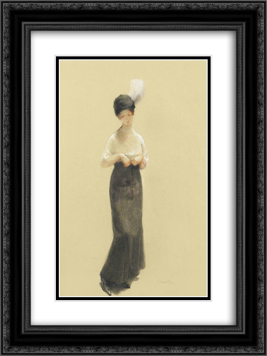 Jeune Femme Au Chapeau a Plume 18x24 Black Ornate Wood Framed Art Print Poster with Double Matting by Steinlen, Theophile