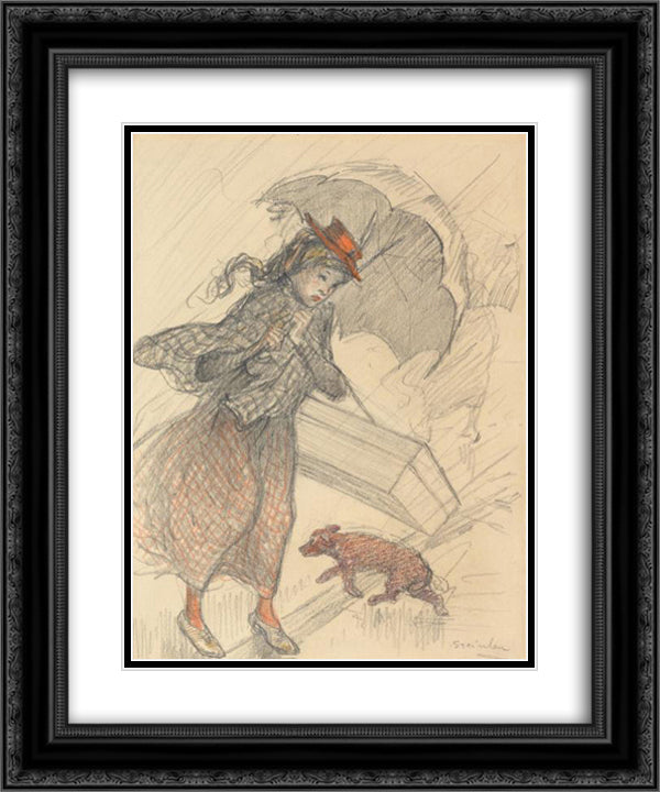La Livreuse Sous La Pluie 20x24 Black Ornate Wood Framed Art Print Poster with Double Matting by Steinlen, Theophile