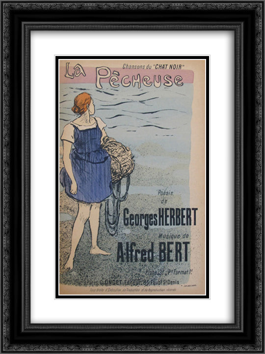 La Pecheuse 18x24 Black Ornate Wood Framed Art Print Poster with Double Matting by Steinlen, Theophile