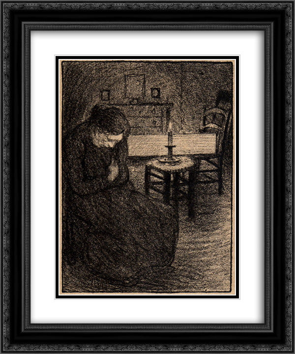 La Veillee 20x24 Black Ornate Wood Framed Art Print Poster with Double Matting by Steinlen, Theophile