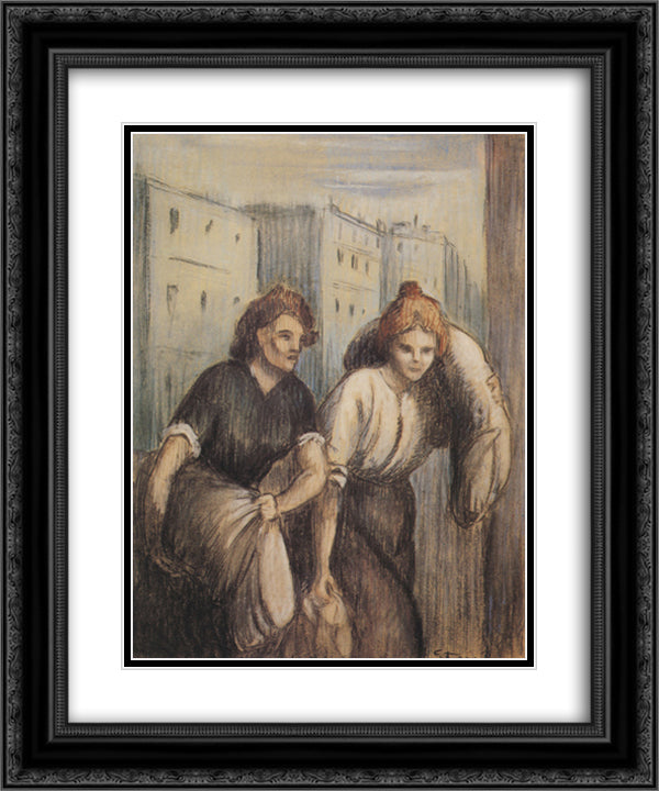 Laundresses 20x24 Black Ornate Wood Framed Art Print Poster with Double Matting by Steinlen, Theophile
