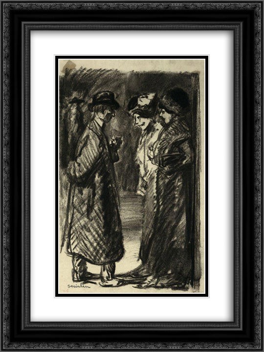 Le Rencontre 18x24 Black Ornate Wood Framed Art Print Poster with Double Matting by Steinlen, Theophile