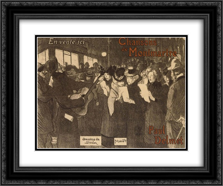Les Chanteurs des Rues 24x20 Black Ornate Wood Framed Art Print Poster with Double Matting by Steinlen, Theophile