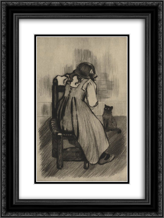 Little girl with cat 18x24 Black Ornate Wood Framed Art Print Poster with Double Matting by Steinlen, Theophile