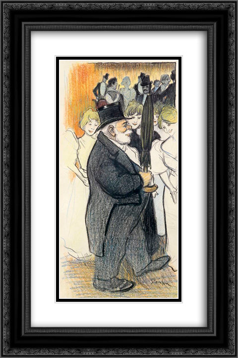 Man with Umbrella 16x24 Black Ornate Wood Framed Art Print Poster with Double Matting by Steinlen, Theophile
